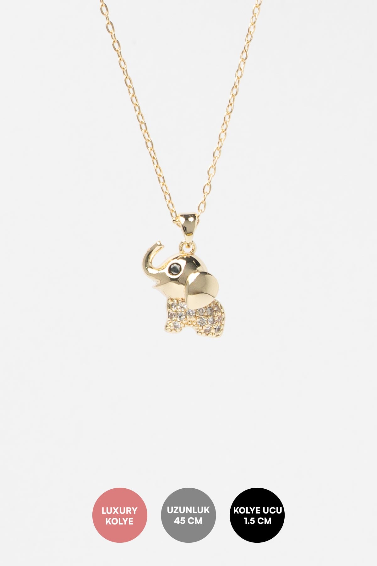 Gold Zirkon Taş Detay Minimal Sevimli Fil Sallantılı Luxury Kolye AKL4219