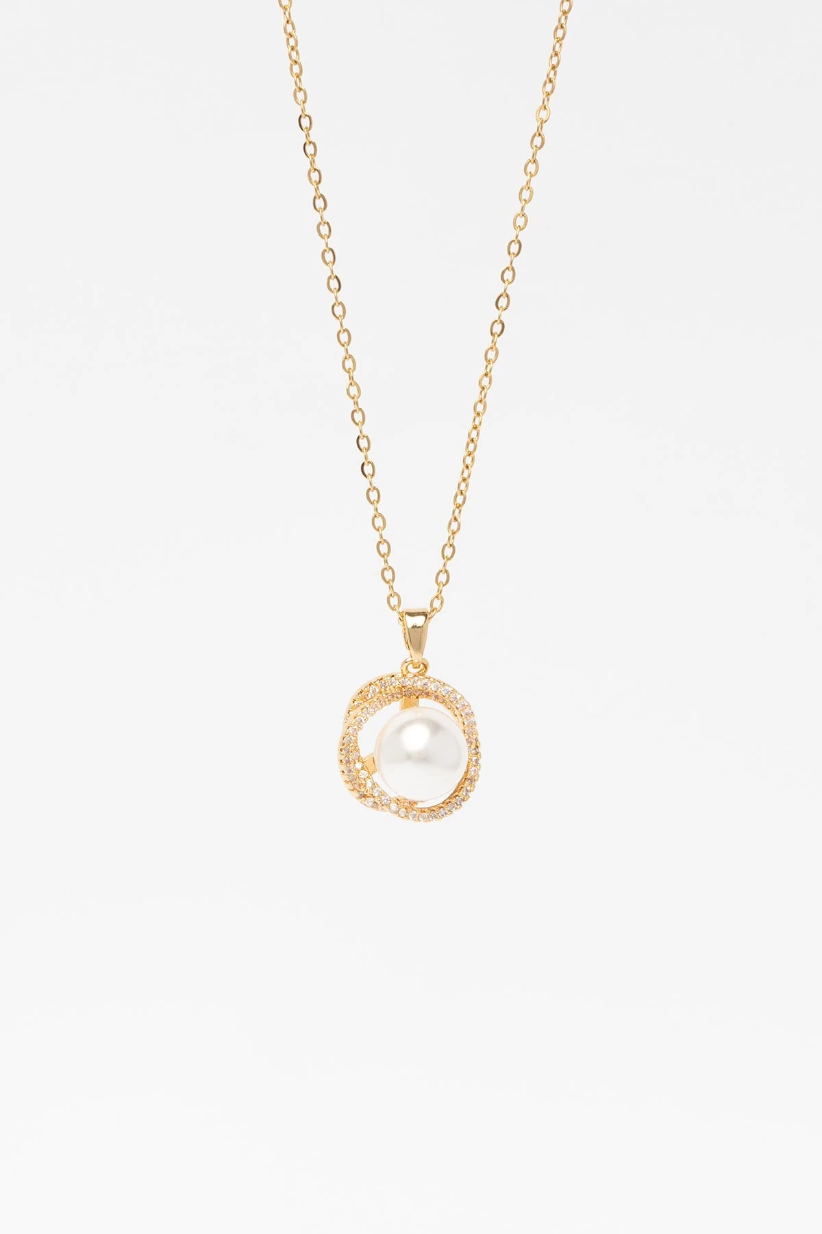 Gold Zirkon Detay Spiraller İçinde Büyük İnci Sallantılı 45cm Çelik Kolye AKL4331