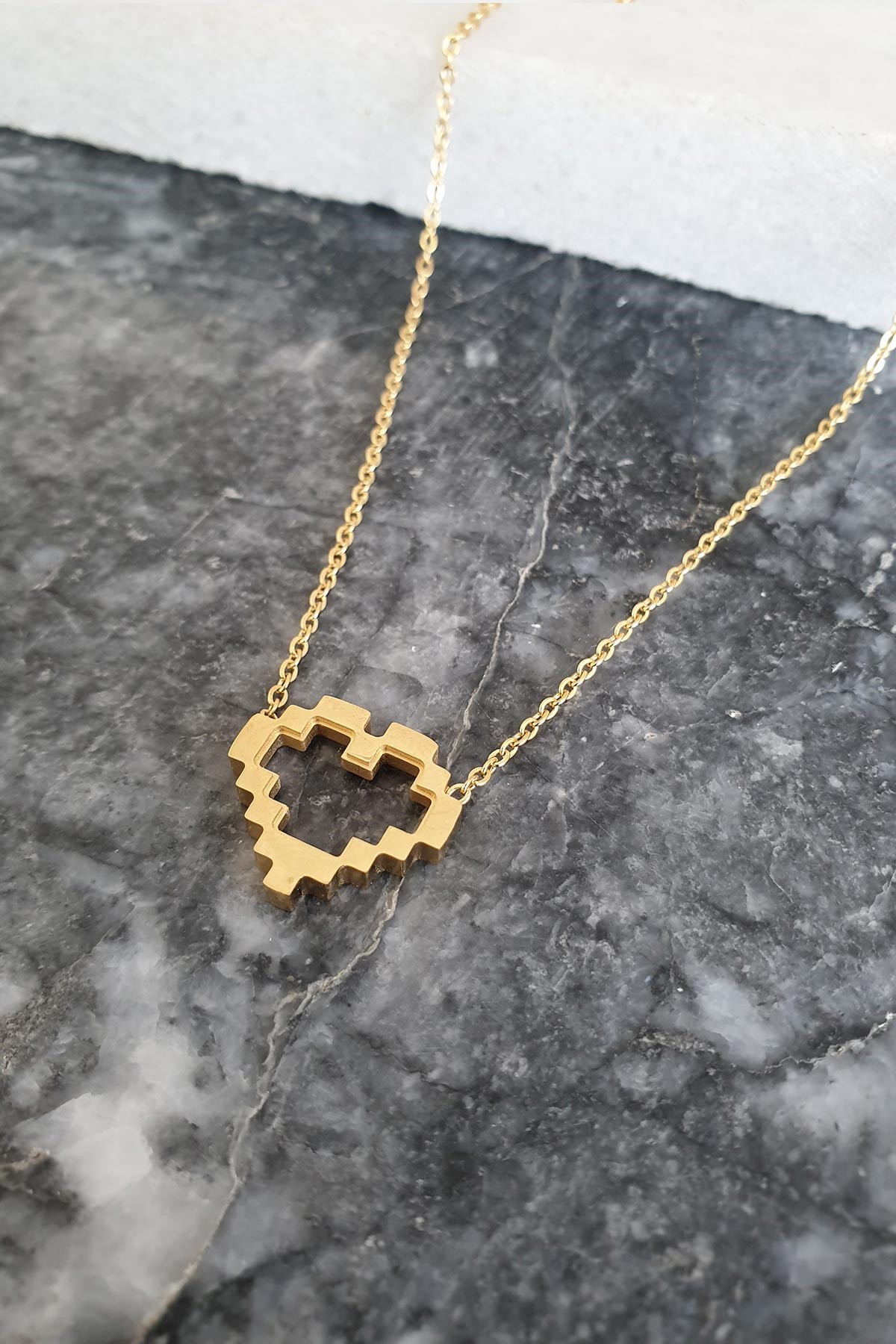 Gold Pixel Heart Çelik Kolye 45 Cm Akl1289