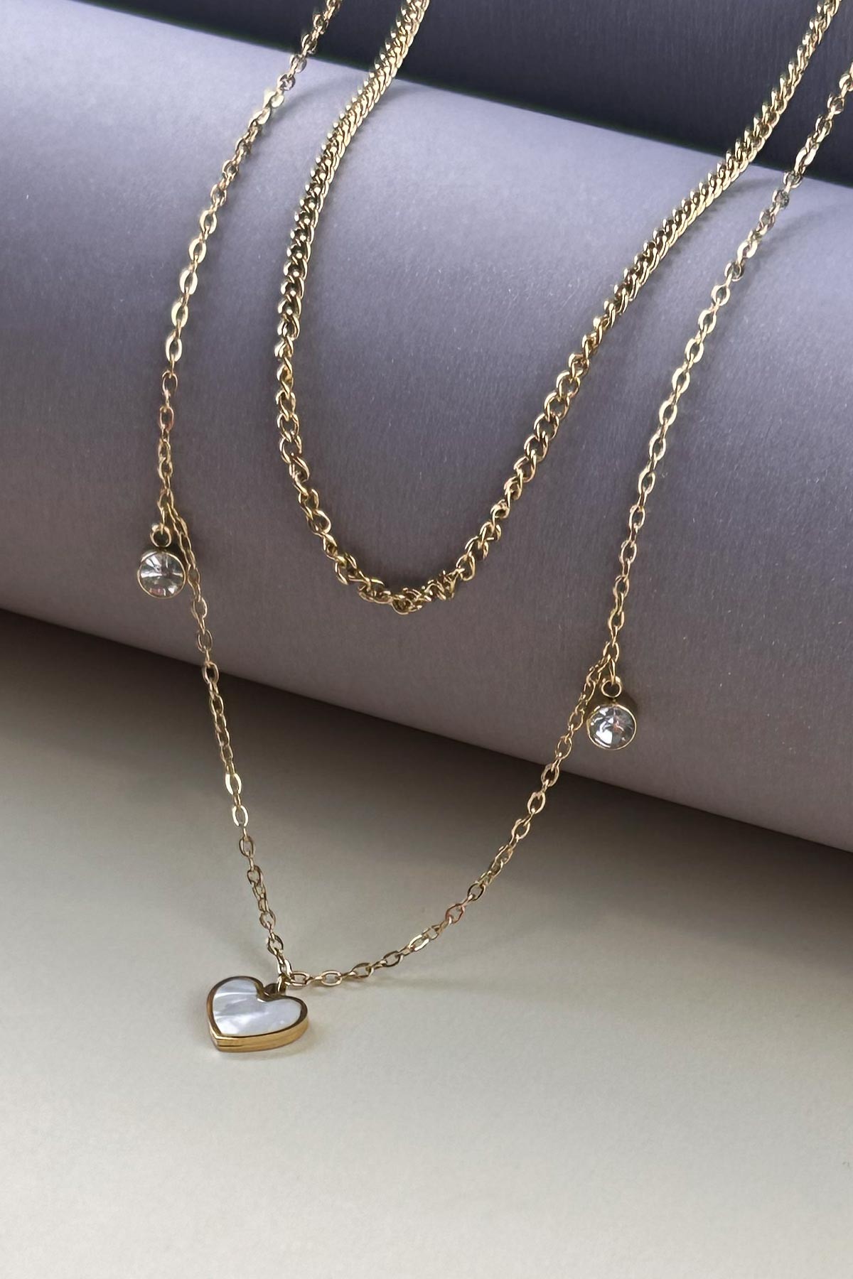 Gold Çift Zincir Minimal Sedef Kalp Sallantılı 45cm Çelik Kolye AKL4003