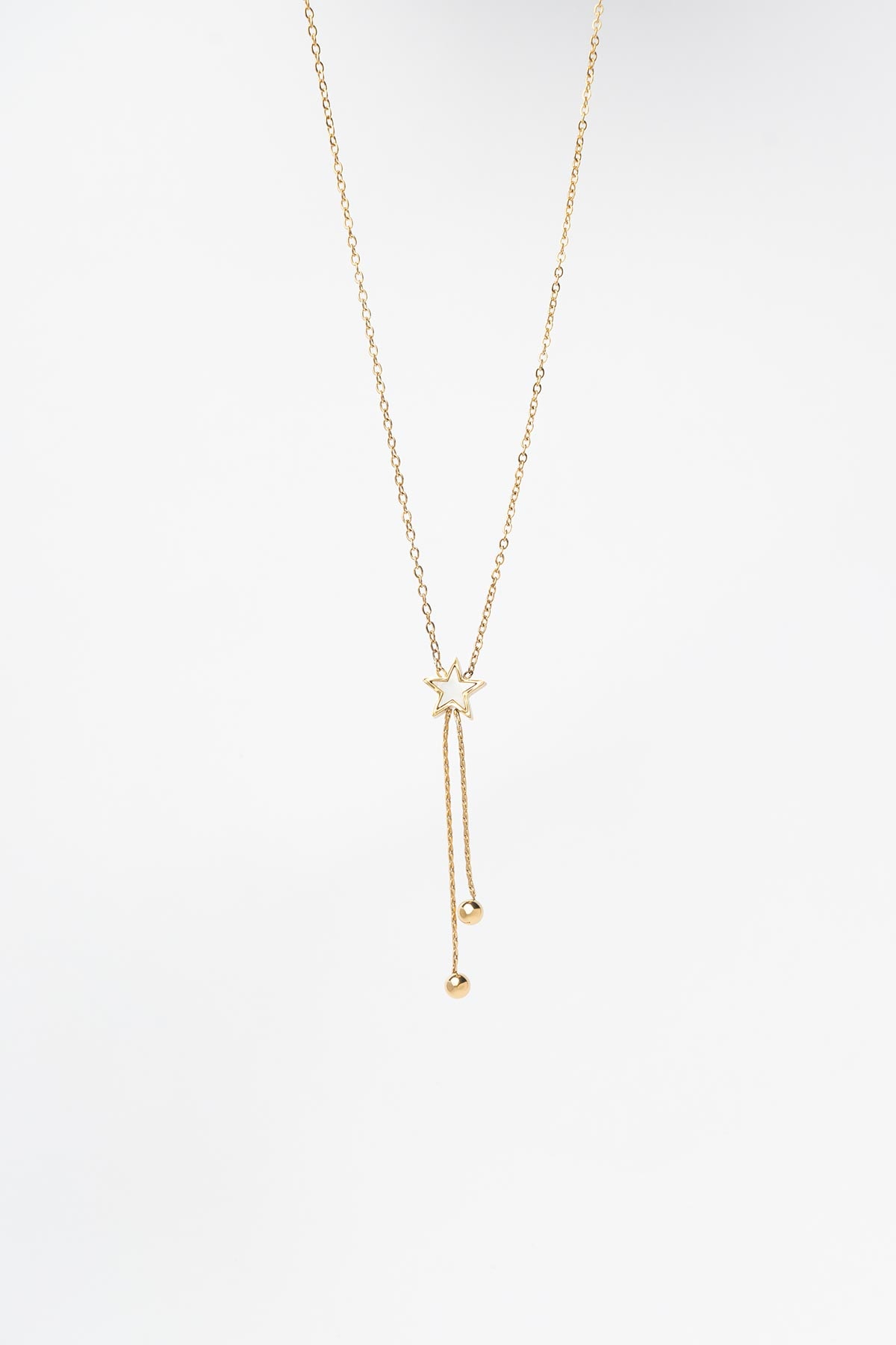 Gold Minimal Zincir Sedef Yıldız Ve Çift Boncuk Sallantılı 45cm Çelik Kolye AKL4196