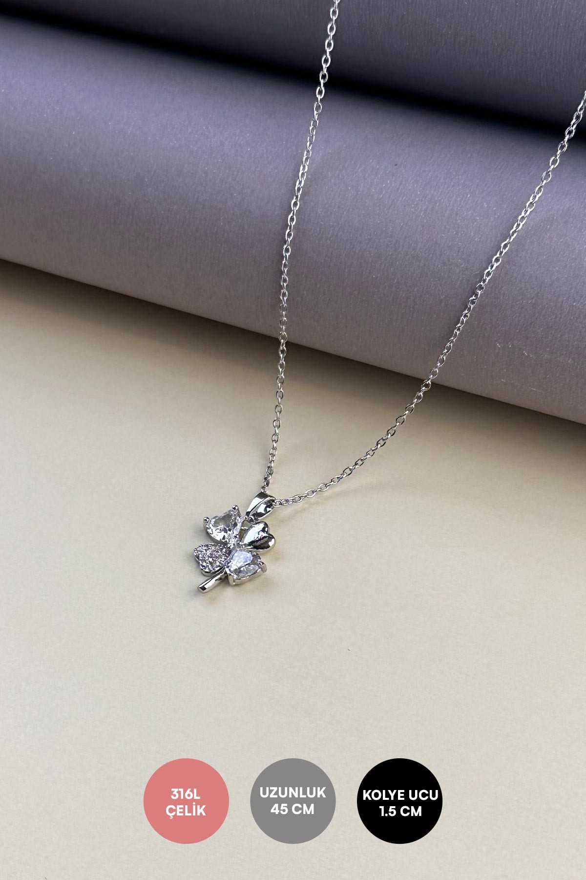 Silver Minimal Zincir Zirkon Ve Kalp Tektaş Tasarım Yonca Çelik Kolye 45 cm AKL4067