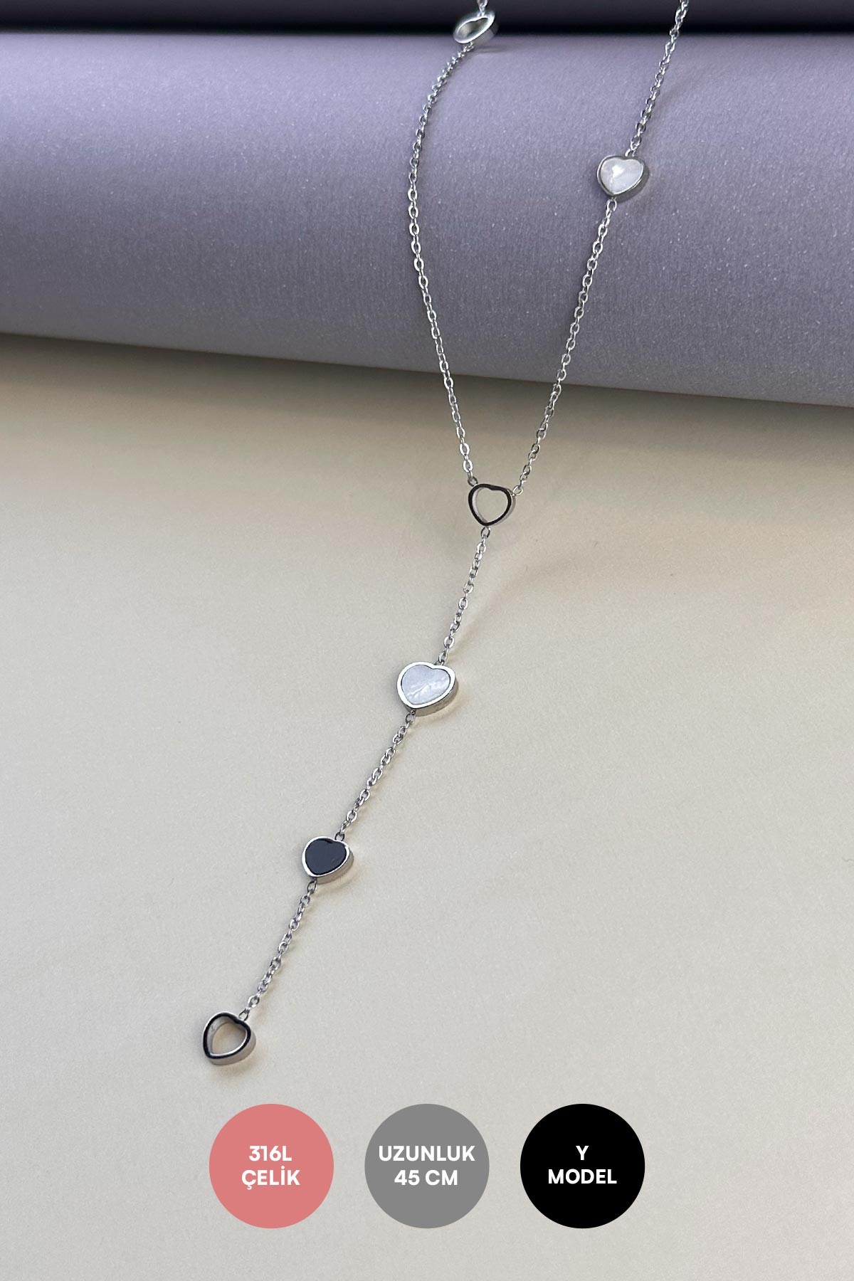 Silver Y Tasarım İçi Boş Ve Sedefli Kalpler Çelik Kolye 45 cm AKL3911