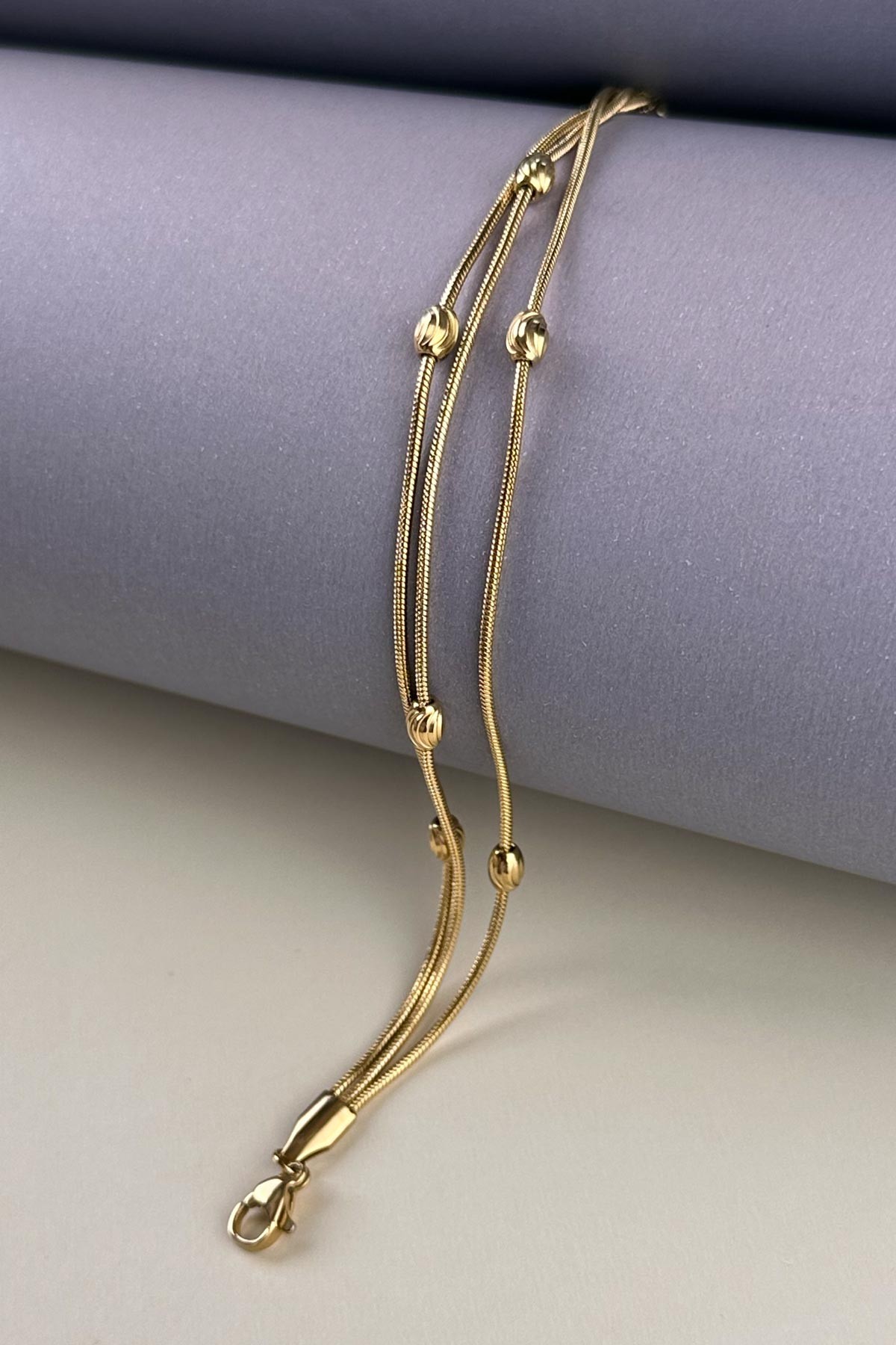 Gold Lazer Kesim Oval Topçuklu Çoklu Boru Zincir Çelik Bileklik ABL7206