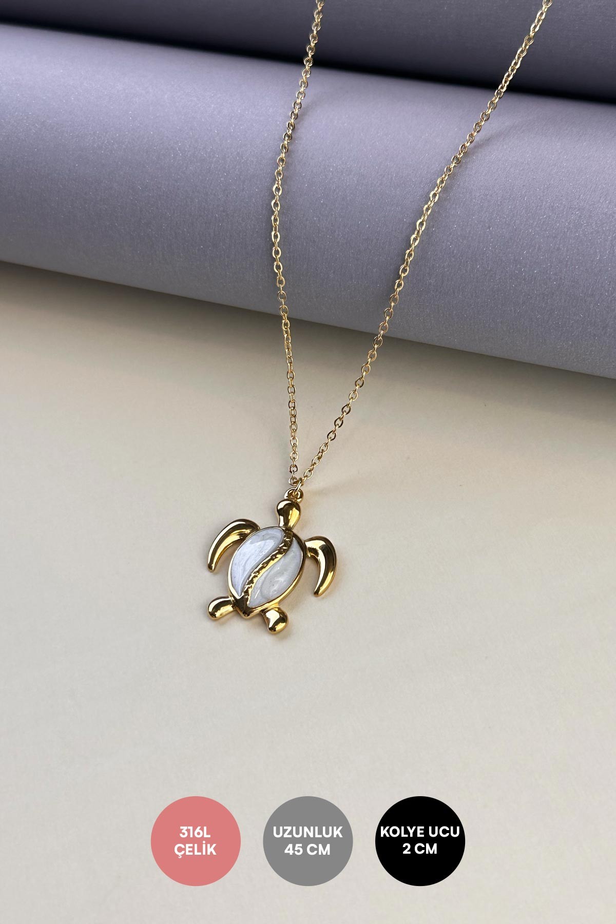 Gold Minimal Zincir Beyaz Mineli Karetta Çelik Kolye 45 cm AKL3888