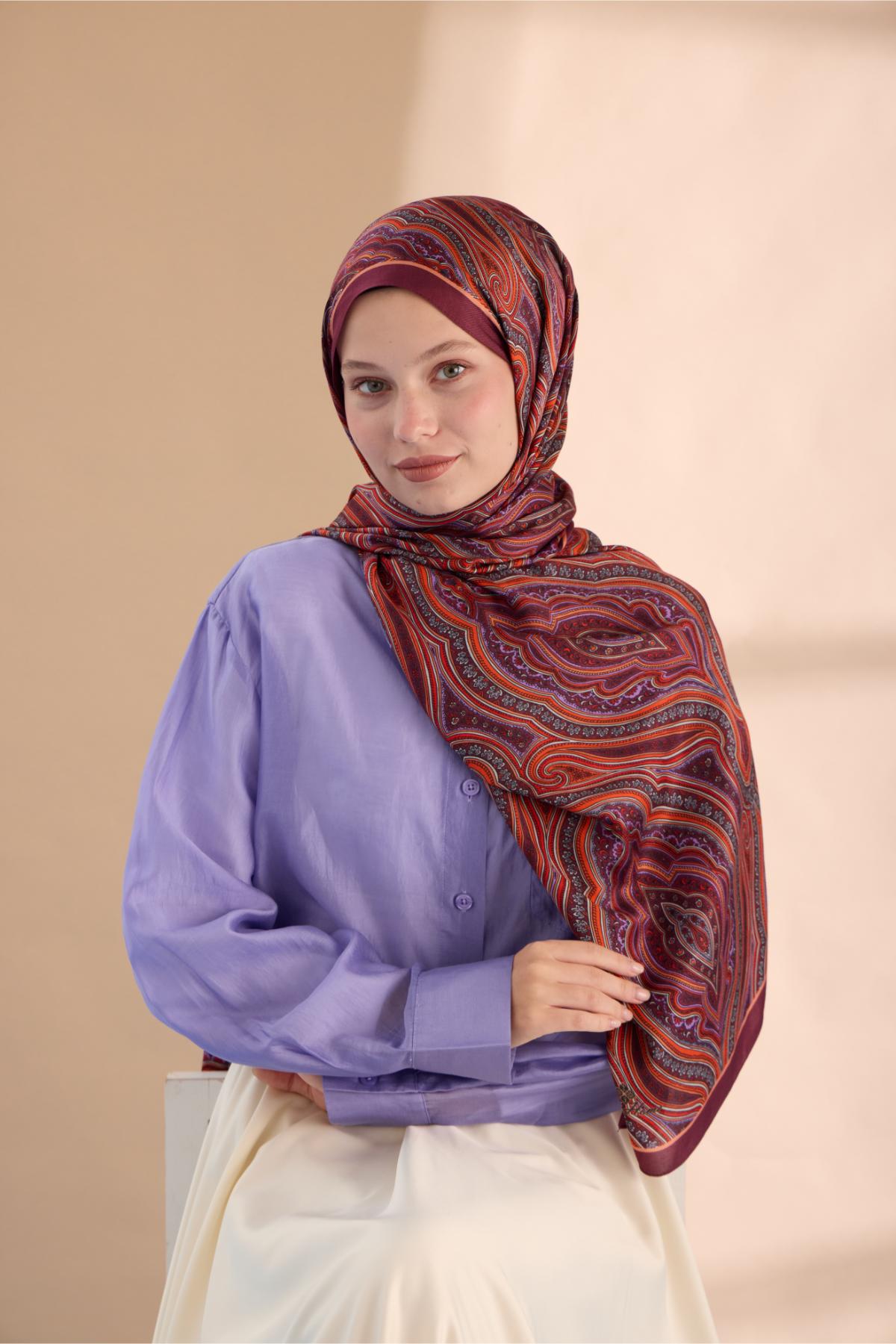 ORGANİK ETNİK DESEN ŞAL - VİŞNE-KİREMİT