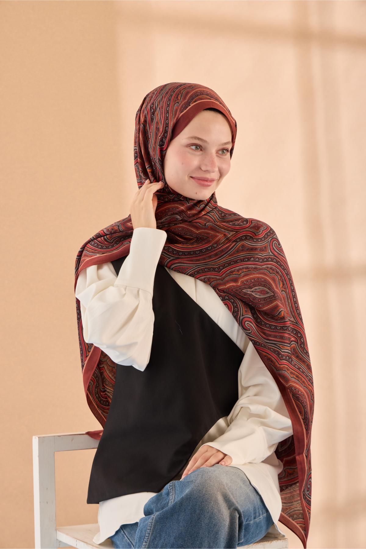 ORGANİK ETNİK DESEN ŞAL - SİYAH-KIRMIZI