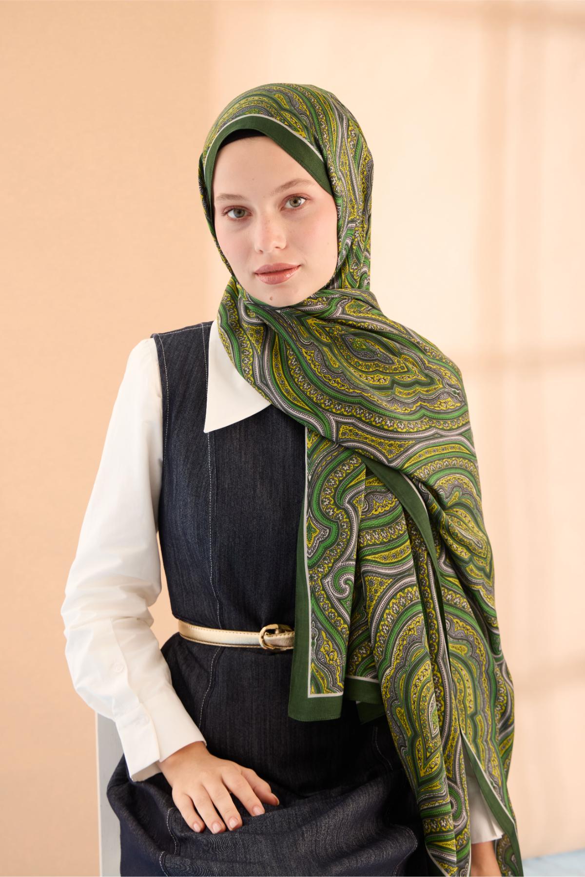 ORGANİK ETNİK DESEN ŞAL - ÇAM YEŞİLİ