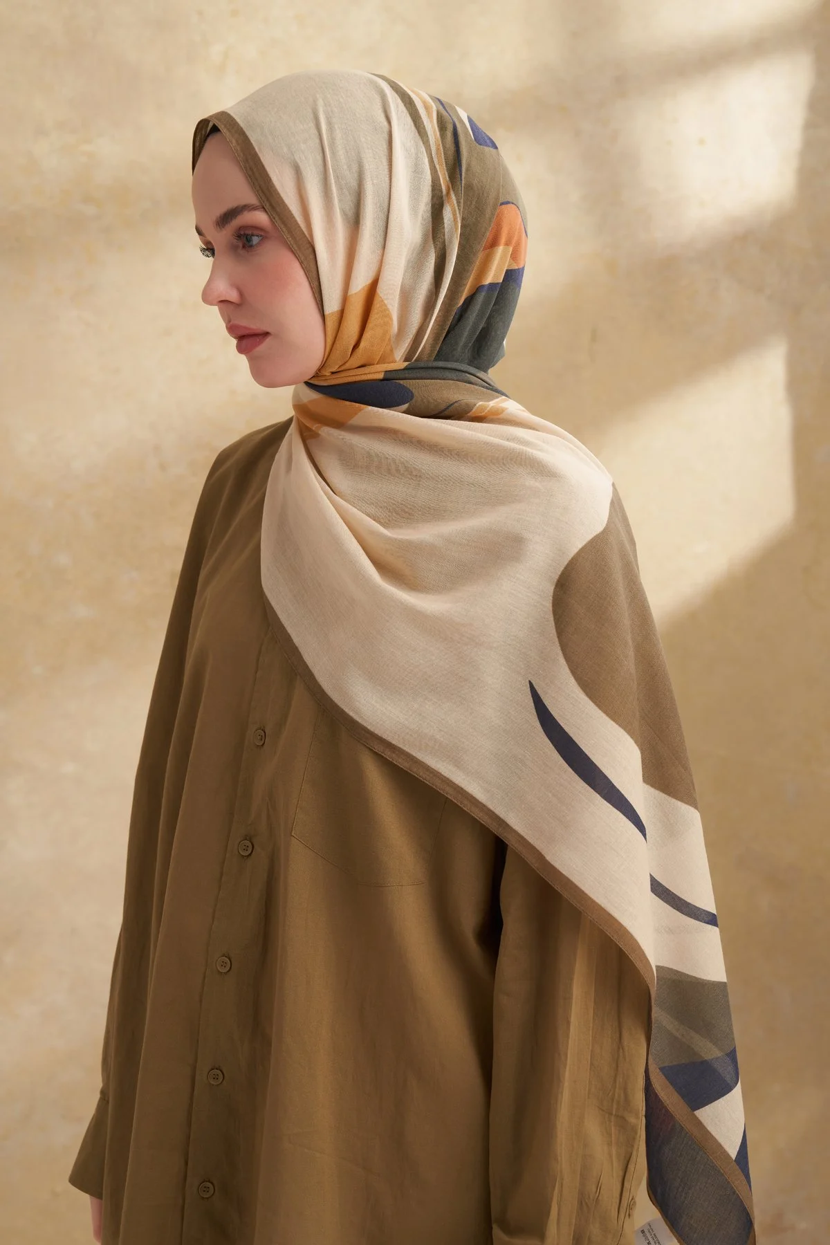 İPEK PAMUK SARAH DESEN ŞAL - BEJ-HAKİ