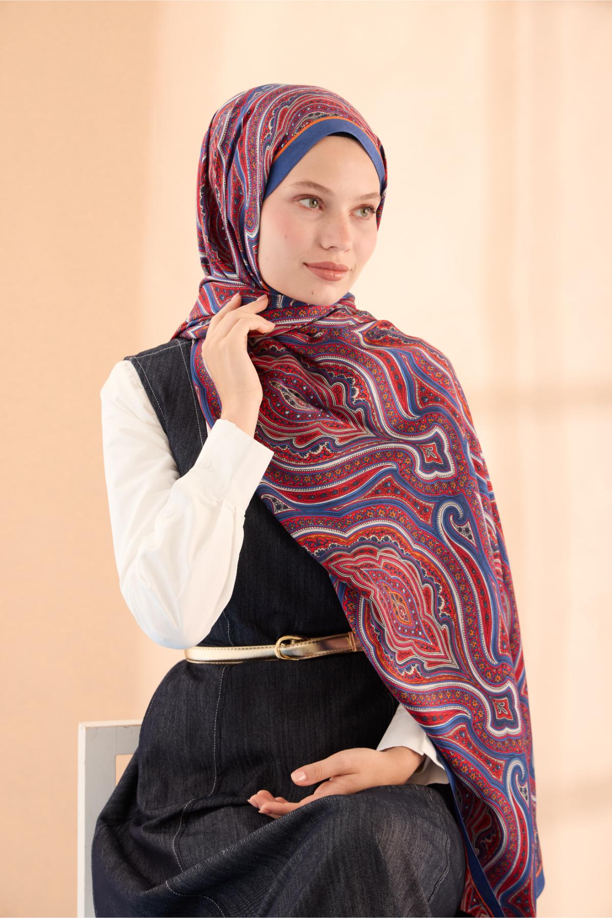 ORGANİK ETNİK DESEN ŞAL - GÖK MAVİ KIRMIZI