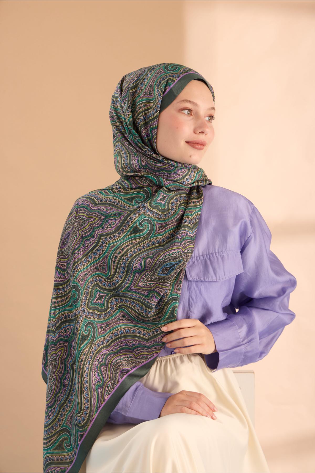 ORGANİK ETNİK DESEN ŞAL - KINA YEŞİLİ