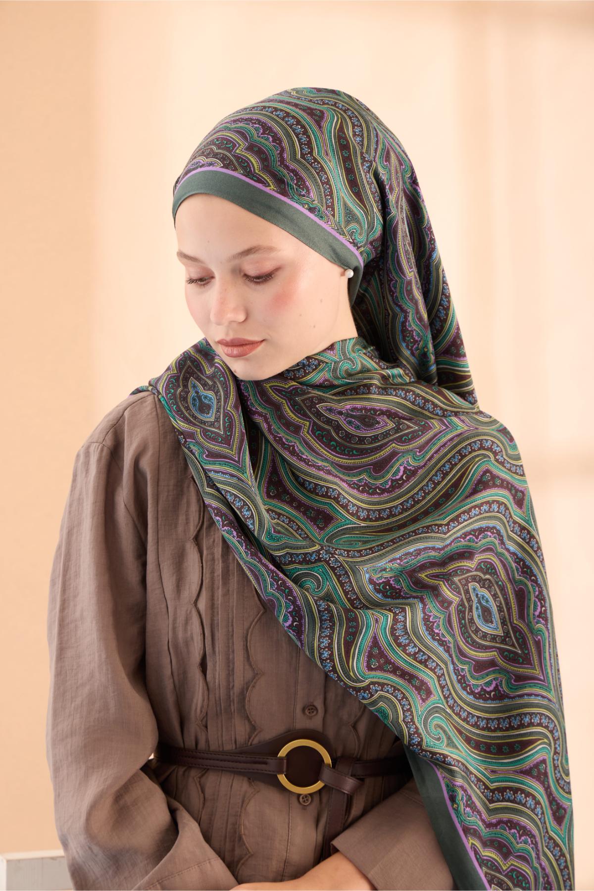 ORGANİK ETNİK DESEN ŞAL - KINA YEŞİLİ LEYLAK