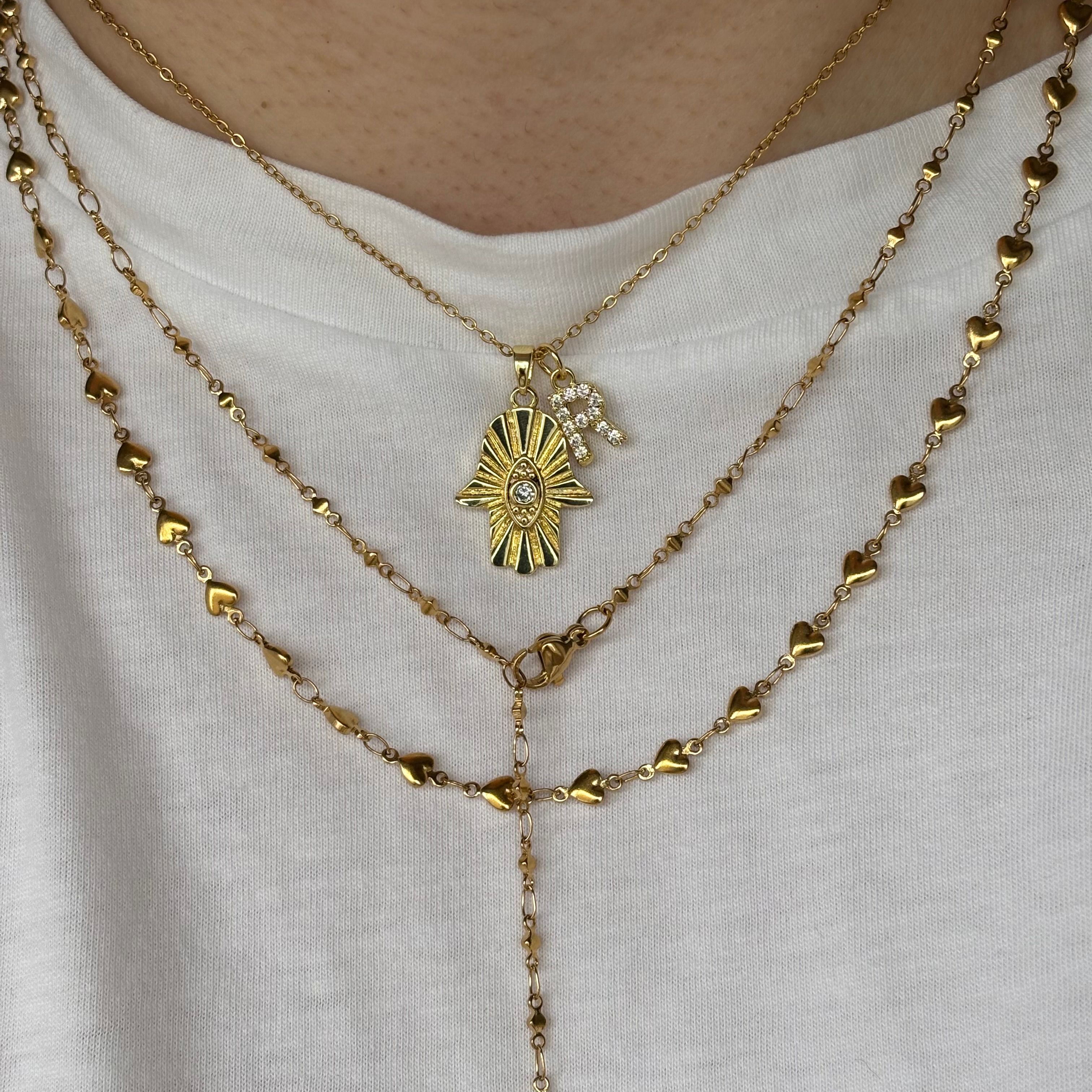 Çelik Beyaz Taşlı Hamsa Kolye