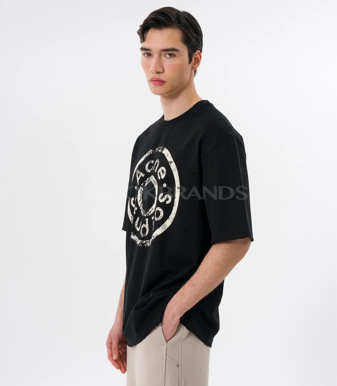 Acne Studios Erkek Siyah Grafik Baskılı Oversize T-Shirt