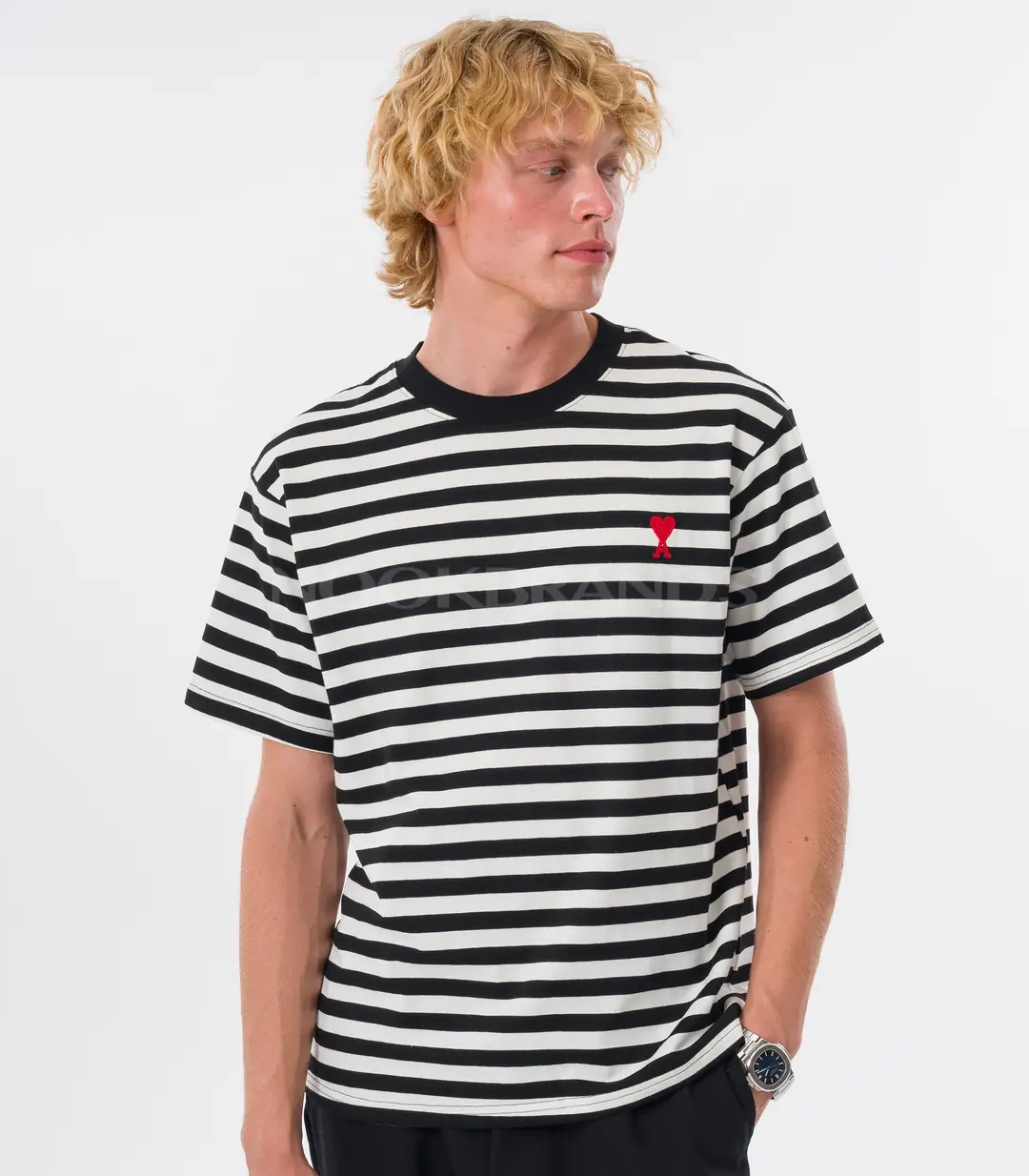 Ami Paris Siyah Beyaz Erkek Çizgili Logo Nakışlı T-shirt