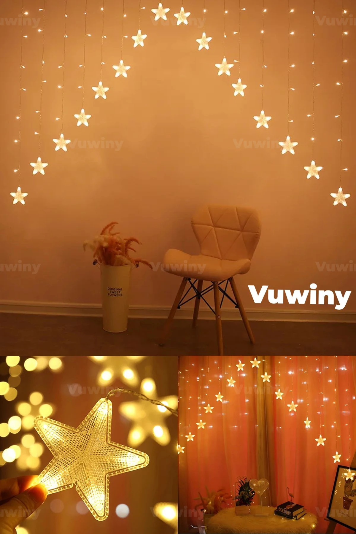 16 Yıldızlı Led Işıklı 8 Modlu Gün Işığı Dekoratif Saçaklı Yıldızlı Perde Led