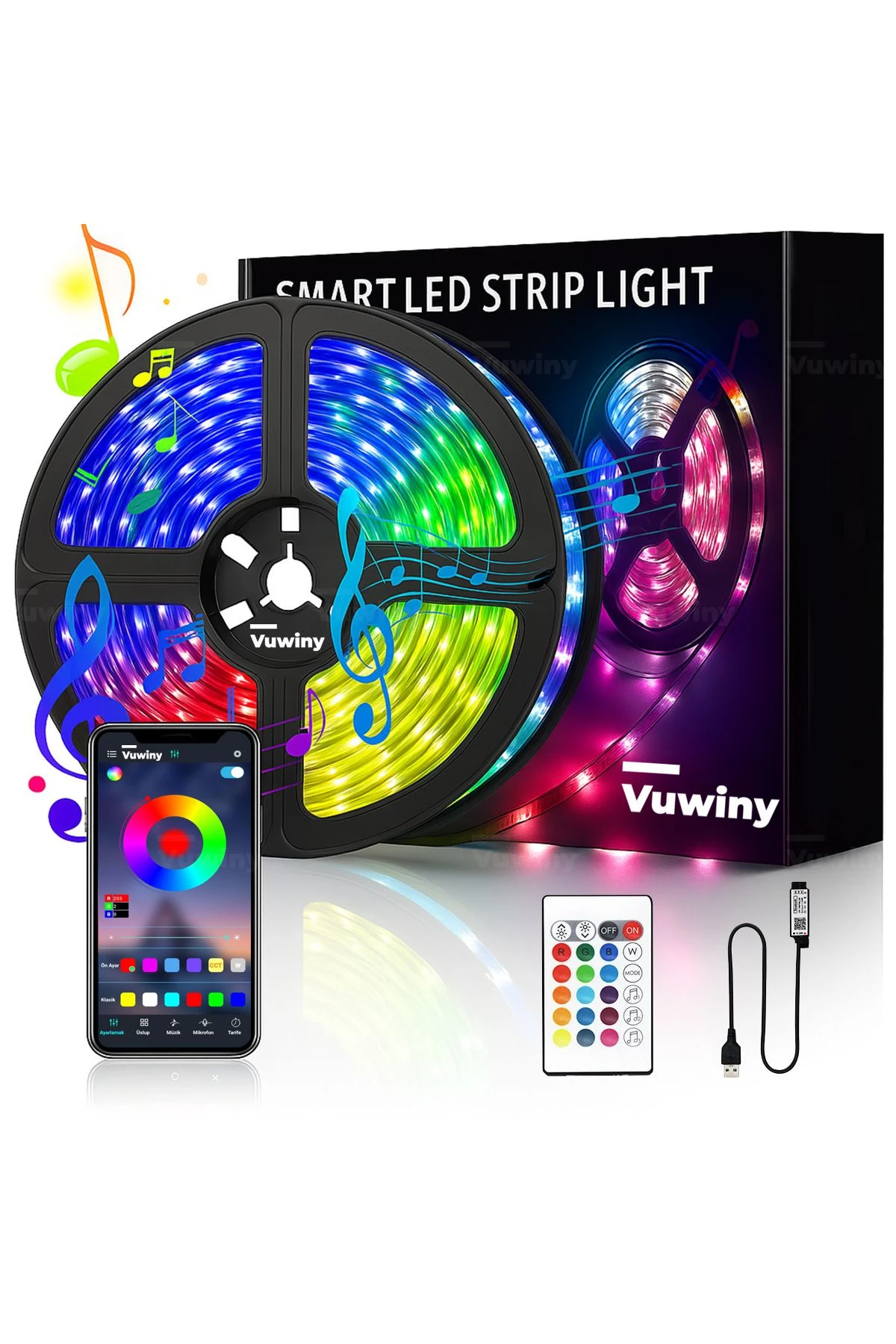 Mobil Uygulamalı Sese Duyarlı RGB Akıllı USB Siyah Silikon Kaplamalı Led Şerit (5V - 5 Metre)