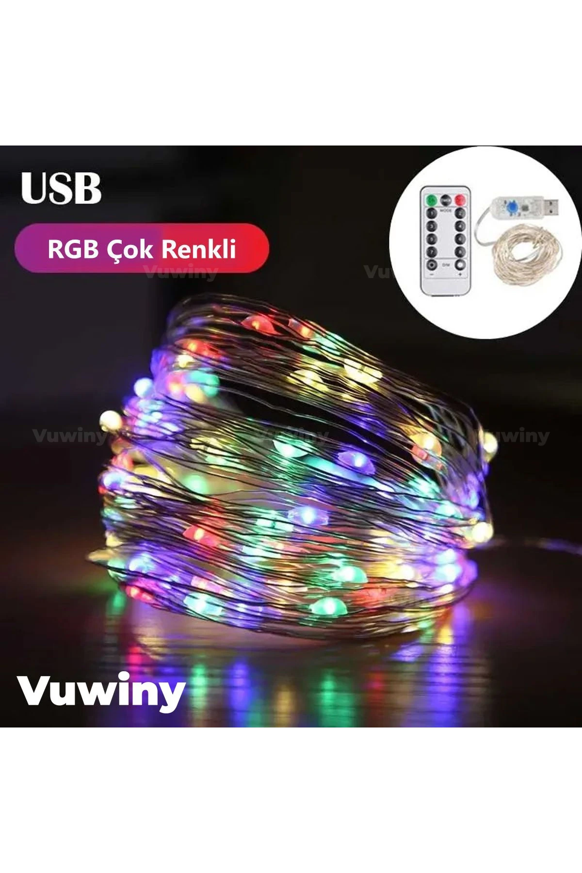 USB Kumandalı 8 Modlu Dekoratif RGB Çok Renkli Gümüş Tel Peri LED (5 Metre)