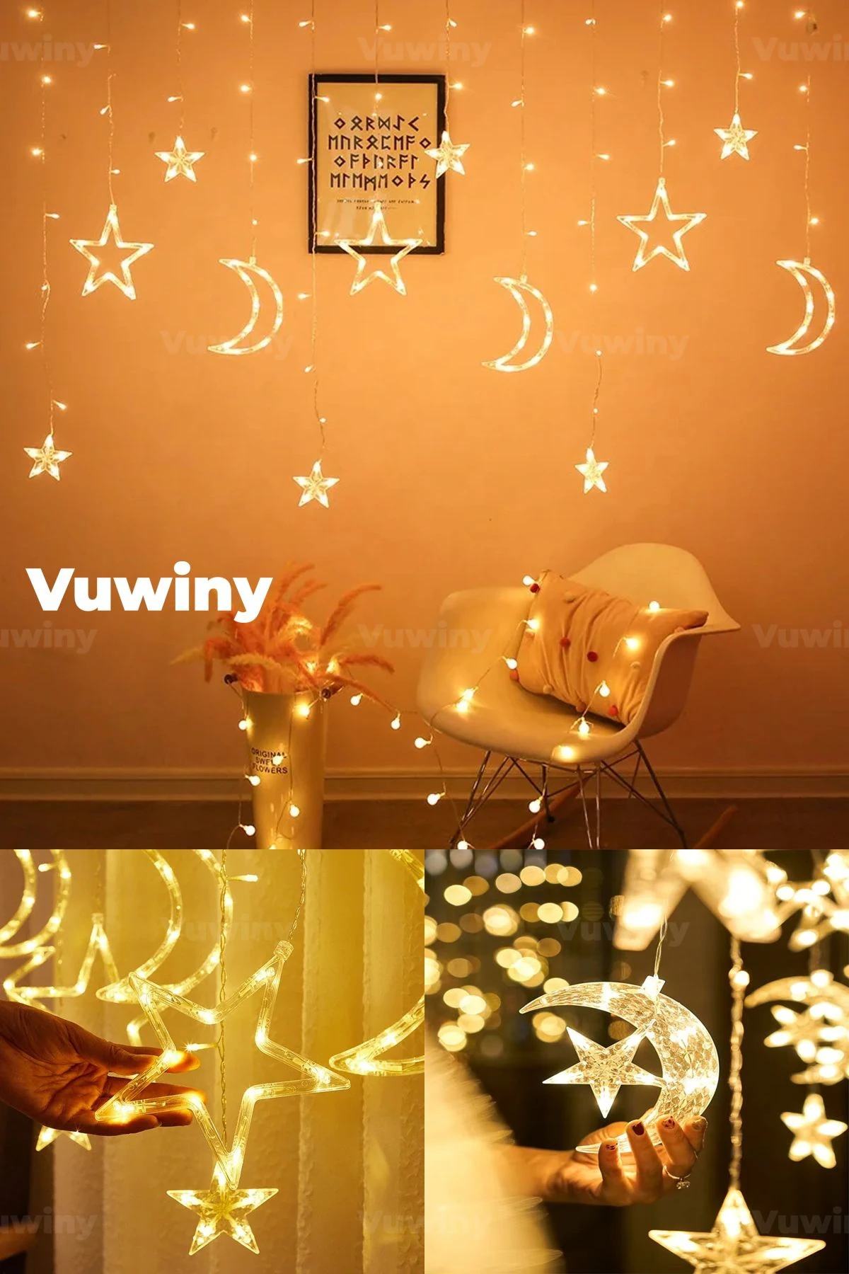 Led Işıklı 8 Modlu Gün Işığı Dekoratif Saçaklı Yıldız Hilal Perde Led