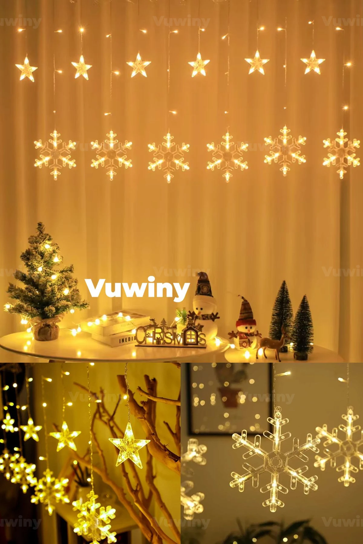 Led Işıklı 8 Modlu Gün Işığı Dekoratif Saçaklı Kar Tanesi ve Yıldızlı Perde Led