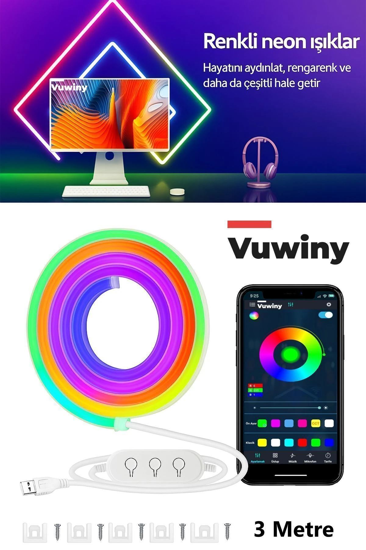 Sese Duyarlı Mobil Uygulamalı Usb Neon Rgb-ıc Esnek Akıllı Led Şerit (3 Metre)