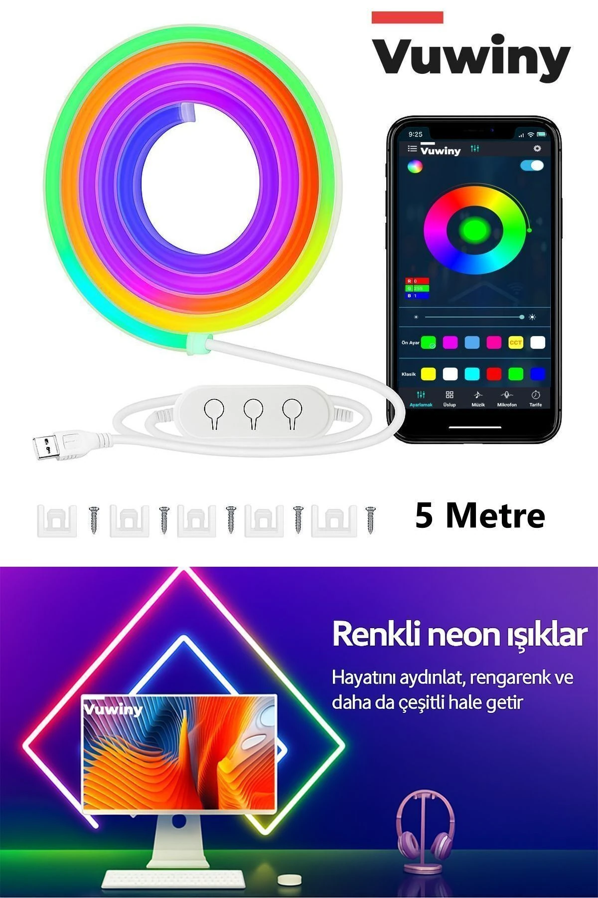 Sese Duyarlı Mobil Uygulamalı Usb Neon Rgb-ıc Esnek Akıllı Led Şerit (5 Metre)