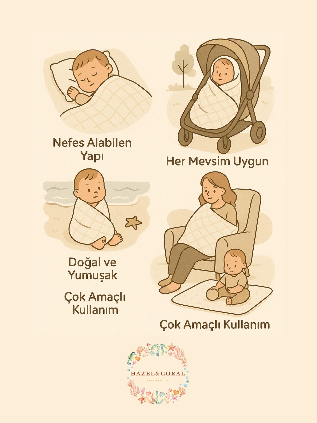 2 Katlı Müslin Bebek Örtüsü & Battaniyesi Kahverengi