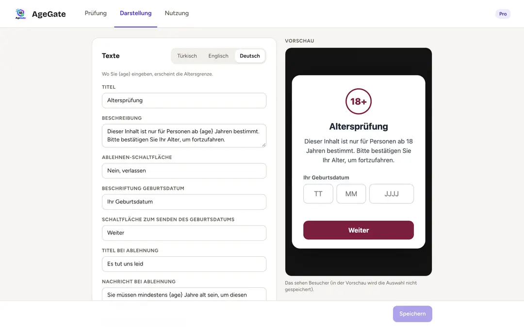 AgeGate-Panel: Texte, Farben und Live-Vorschau