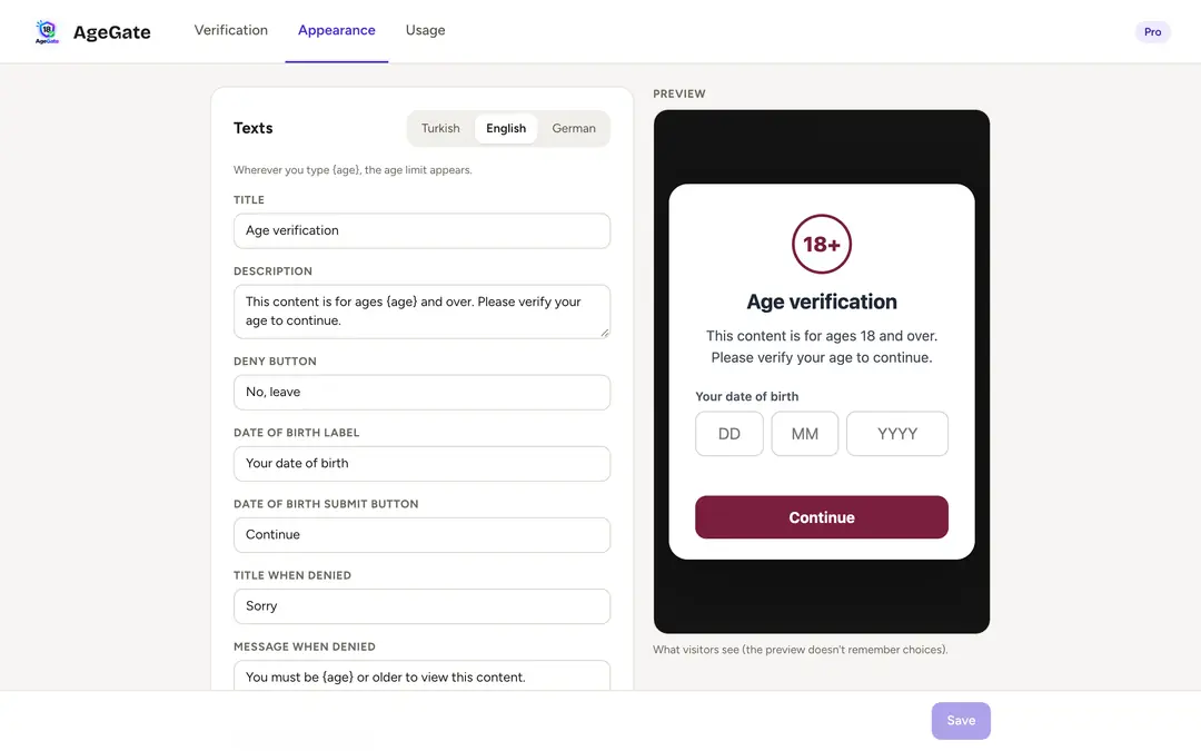 AgeGate panel: texts, colors and live preview