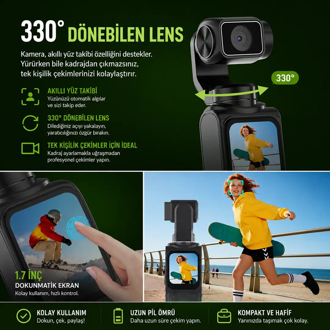 4K Gimbal Kamera 64MP WiFi 330° Takipli Vlog Kamera