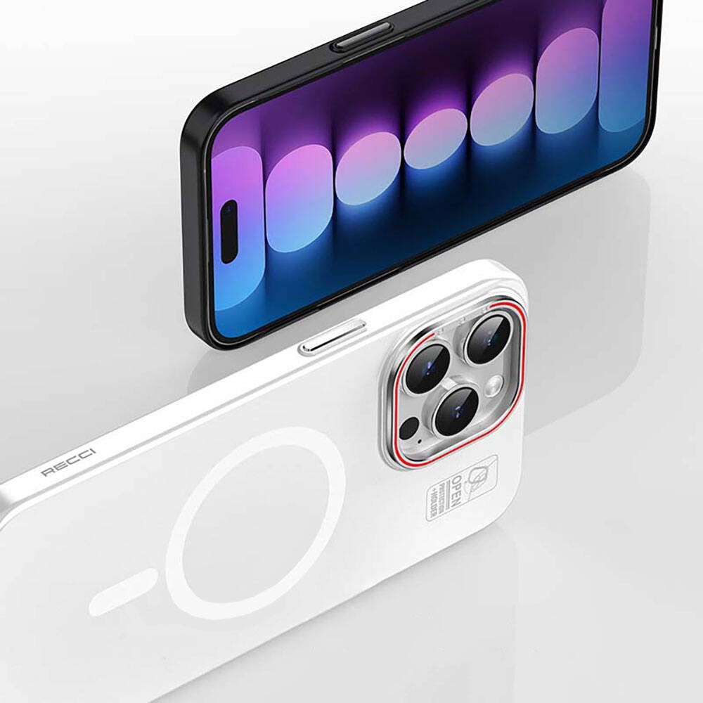 iPhone 15 Plus Kılıf Magsafe Şarj Özellikli Standlı Metal Kamera Çerçeveli Mat Recci Glaze Serisi Kılıf