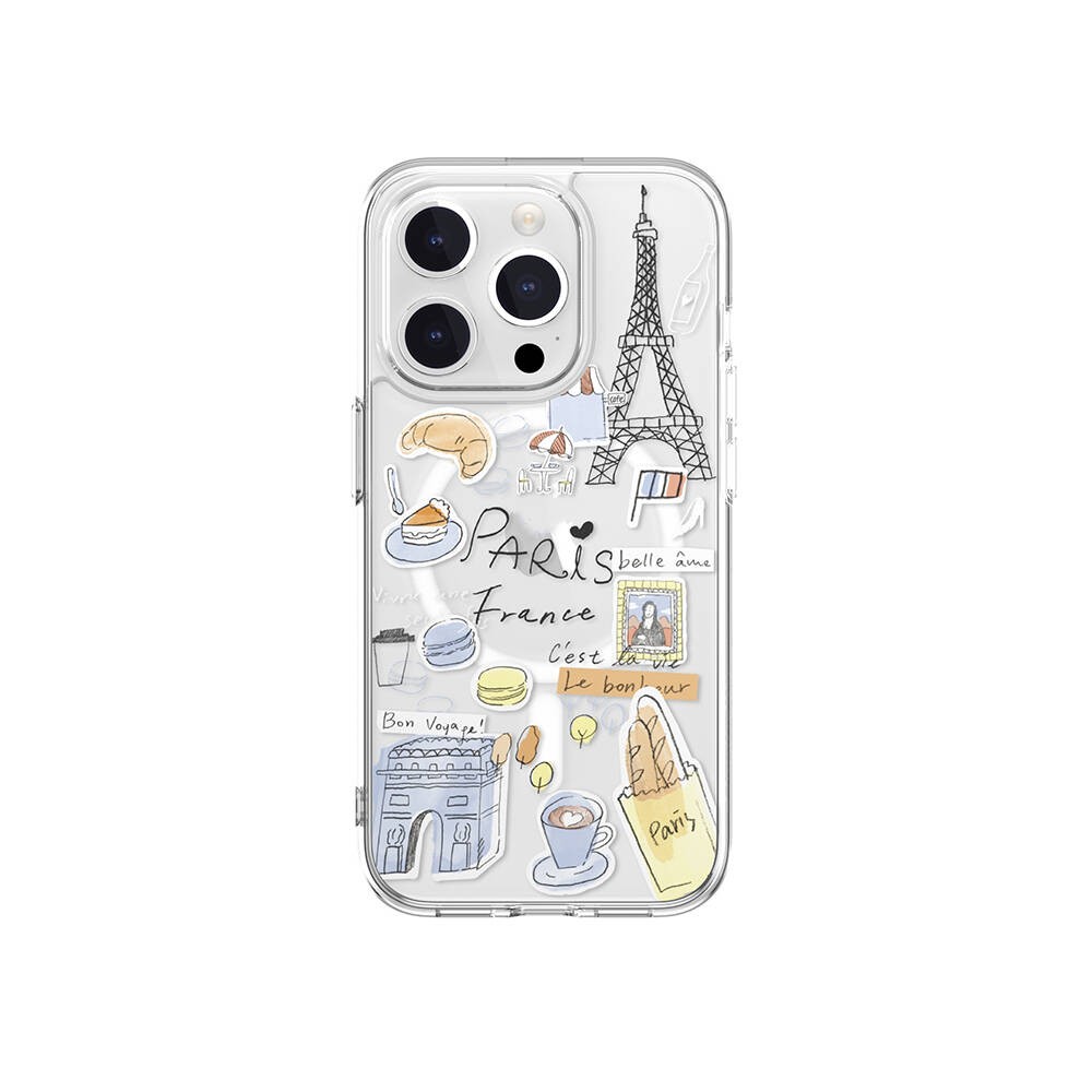 iPhone 15 Pro Kılıf Magsafe Şarj Özellikli Çizim Desenli Şok Önleyicili Şeffaf Lisanslı Switcheasy City-M Paris Kılıf