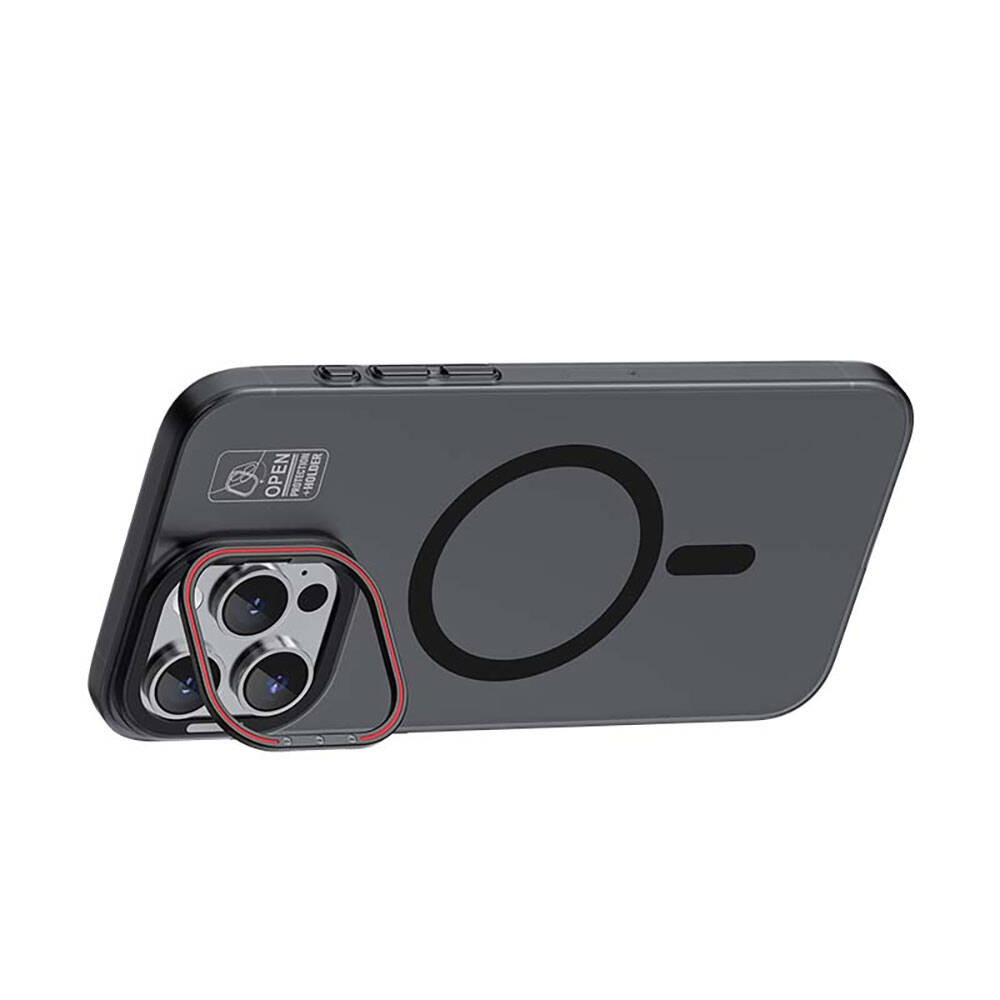 iPhone 15 Plus Kılıf Magsafe Şarj Özellikli Standlı Metal Kamera Çerçeveli Mat Recci Glaze Serisi Kılıf