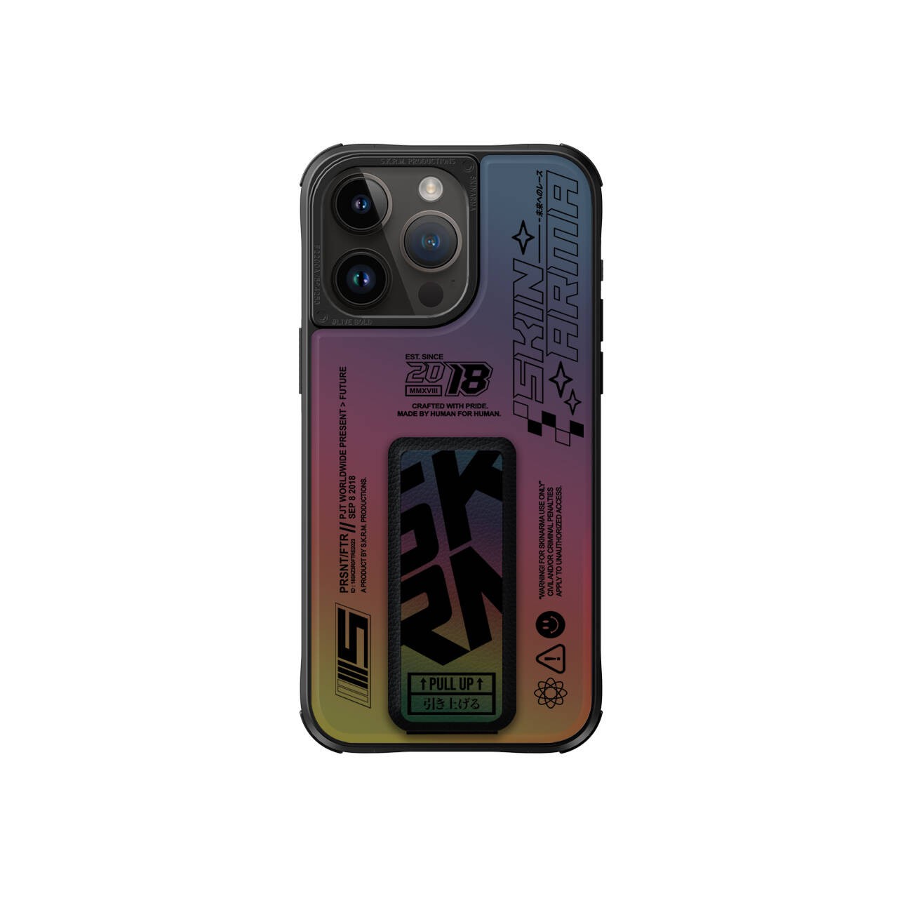 iPhone 15 Pro Kılıf SkinArma Holografik Tasarımlı Standlı Deri Görünümlü Kira Kobai Kılıf
