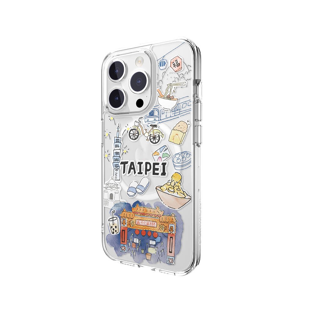 iPhone 15 Pro Kılıf Magsafe Şarj Özellikli Çizim Desenli Şok Önleyicili Şeffaf Lisanslı Switcheasy City-M Taipei Kılıf