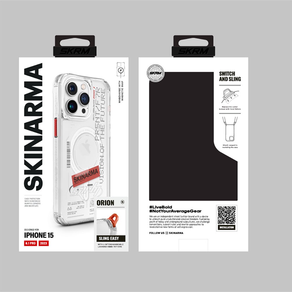 iPhone 15 Pro Kılıf SkinArma Magsafe Şarj Özellikli Yazı Desenli Airbag Tasarımlı Orion Kılıf