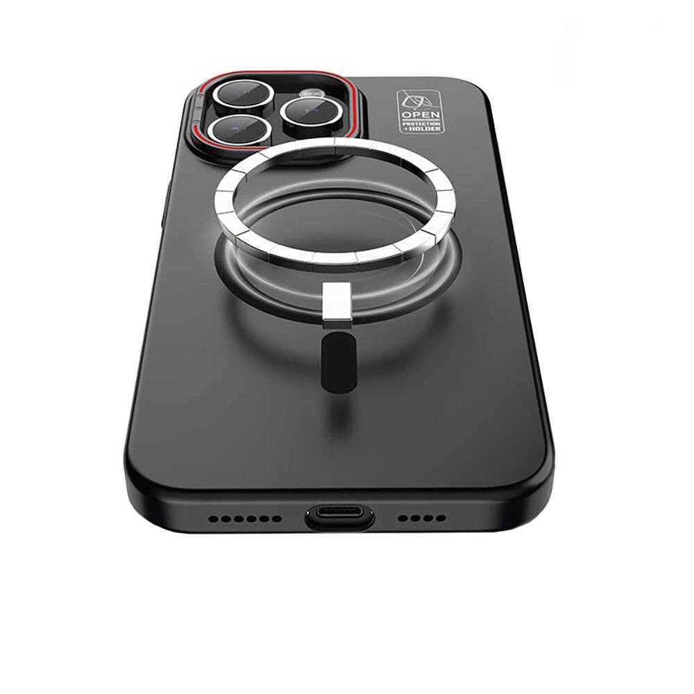 iPhone 15 Plus Kılıf Magsafe Şarj Özellikli Standlı Metal Kamera Çerçeveli Mat Recci Glaze Serisi Kılıf
