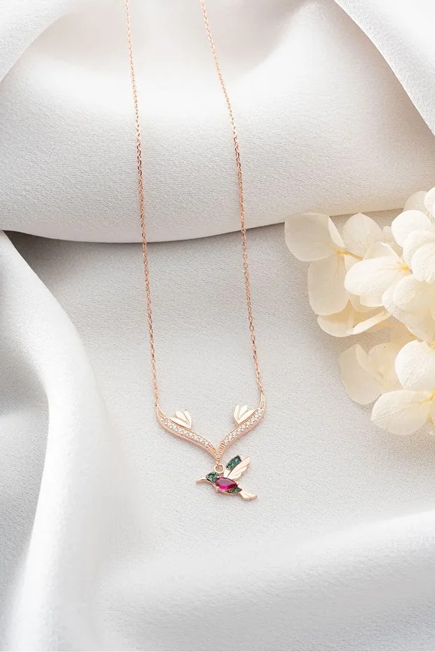 Gümüş Sallantılı Rose Arı Kuşu Kolye