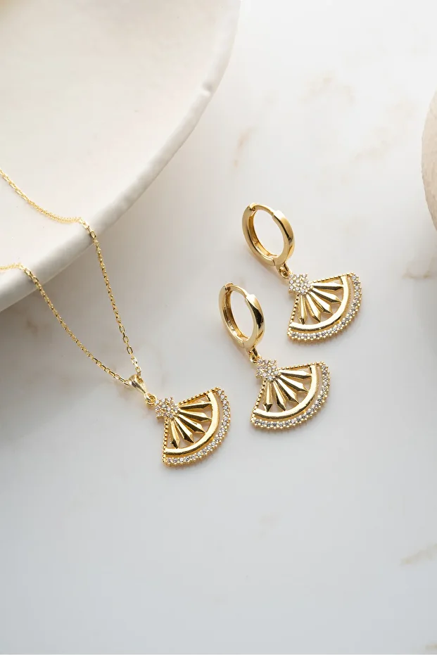 Gümüş Zirkon Taşlı Yelpaze (Kolye-Küpe) Set