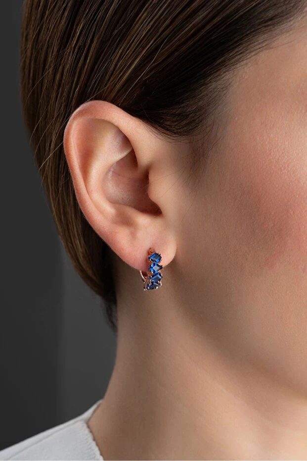 Gümüş Safir Baget Taşlı Halka Küpe