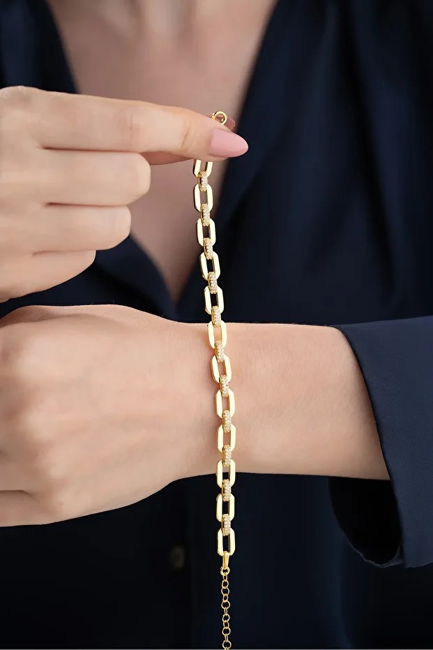 Gümüş Gold Zirkon Taşlı Zincir Bileklik