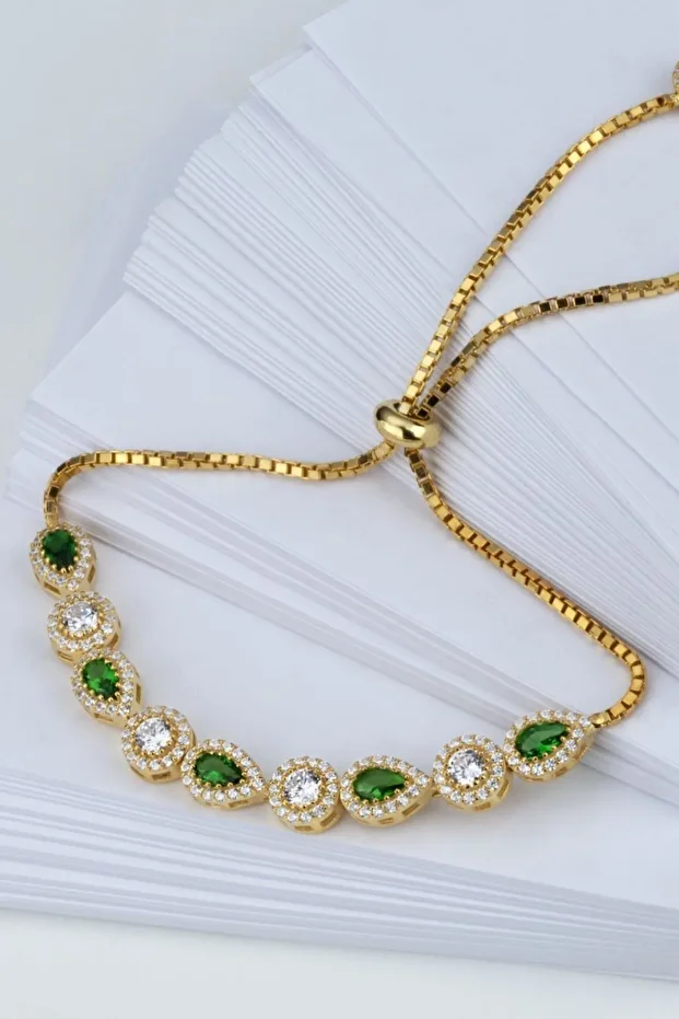 Gümüş Yeşil Damla Taşlı Asansörlü Bileklik