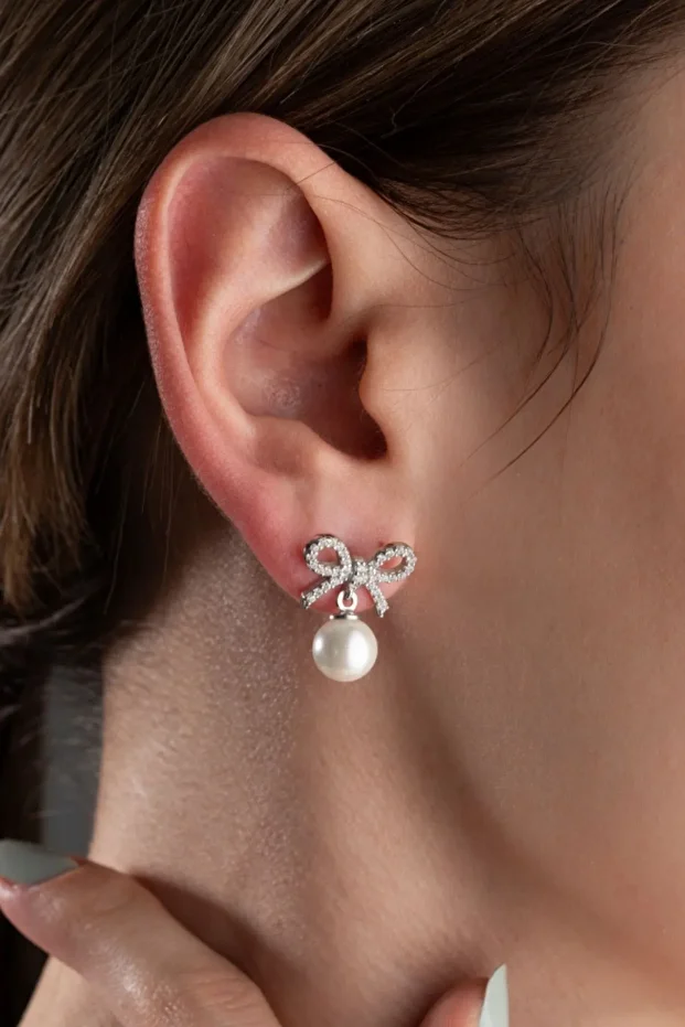 Gümüş Fiyonklu İnci Küpe