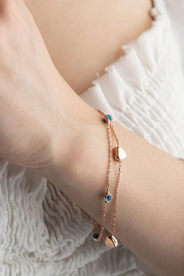 Gümüş Nazarlı Kalpli Çift Zincir Bileklik