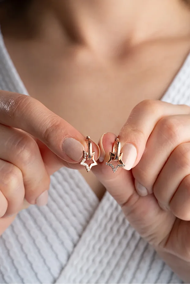 Gümüş Rose Zirkon Taşlı Yıldız Küpe