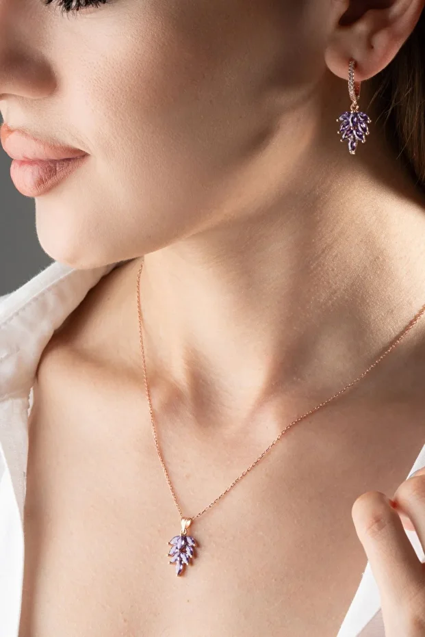 Gümüş Yaprak Model Küpe Kolye Takı Seti