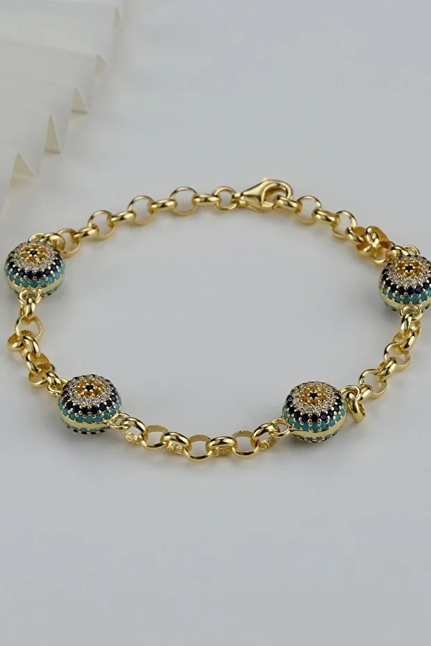 Gold 4 Nazarlı Göz Gümüş Bileklik