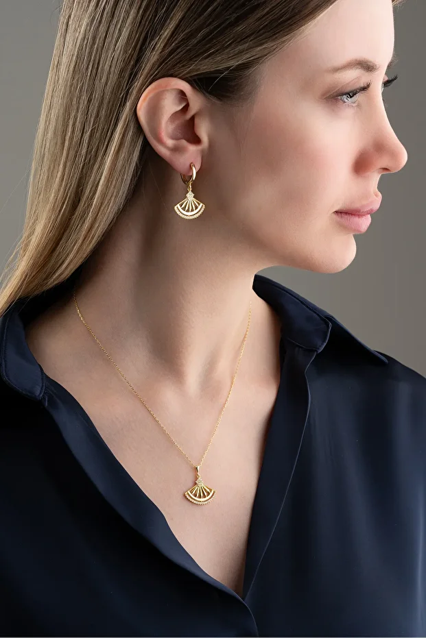 Gümüş Zirkon Taşlı Yelpaze (Kolye-Küpe) Set