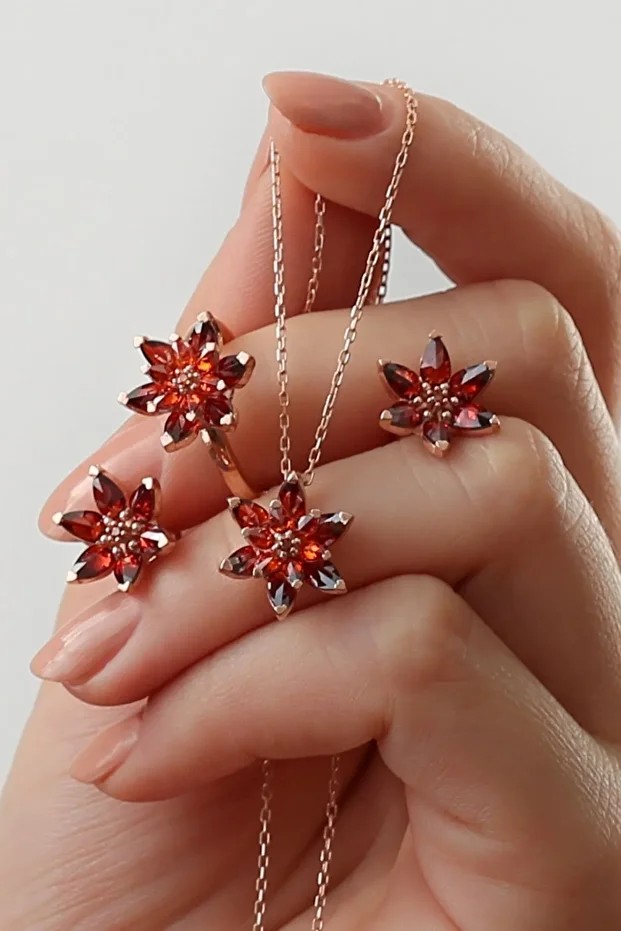 Gümüş Kırmızı Lotus Çiçekli Takı Set