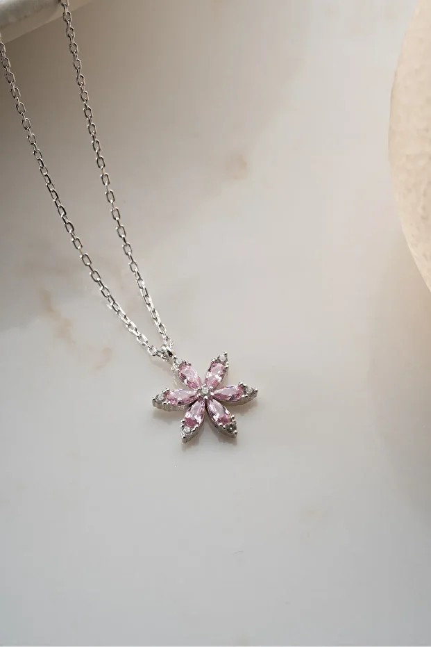 Gümüş Pembe Taşlı Lotus Kolye